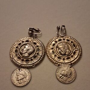 Vintage Silver-Tone Medallion Coin Drop Clip-On Earrings - Silver